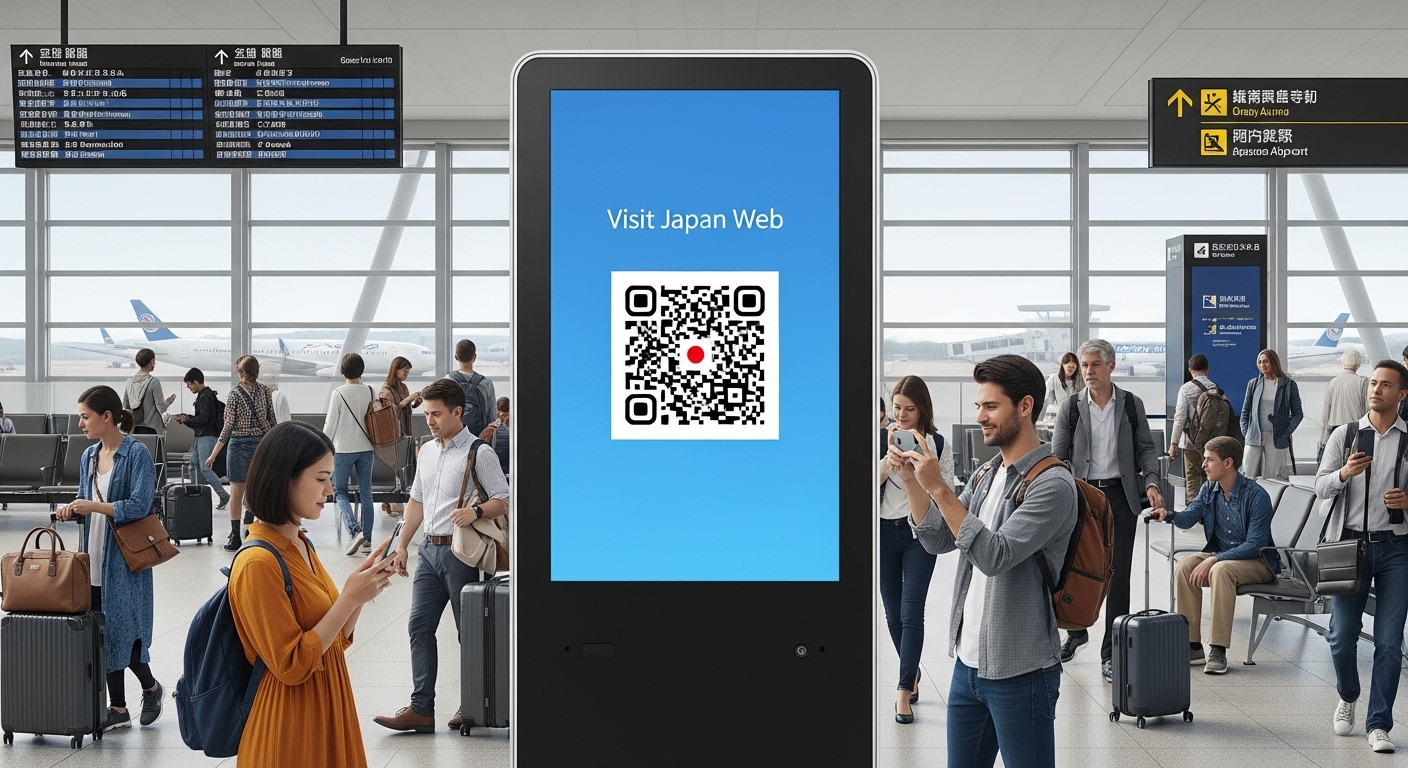 공항 터미널에서 비짓재팬웹과 QR코드를 보여주는 디지털 화면과 다양한 여행자들