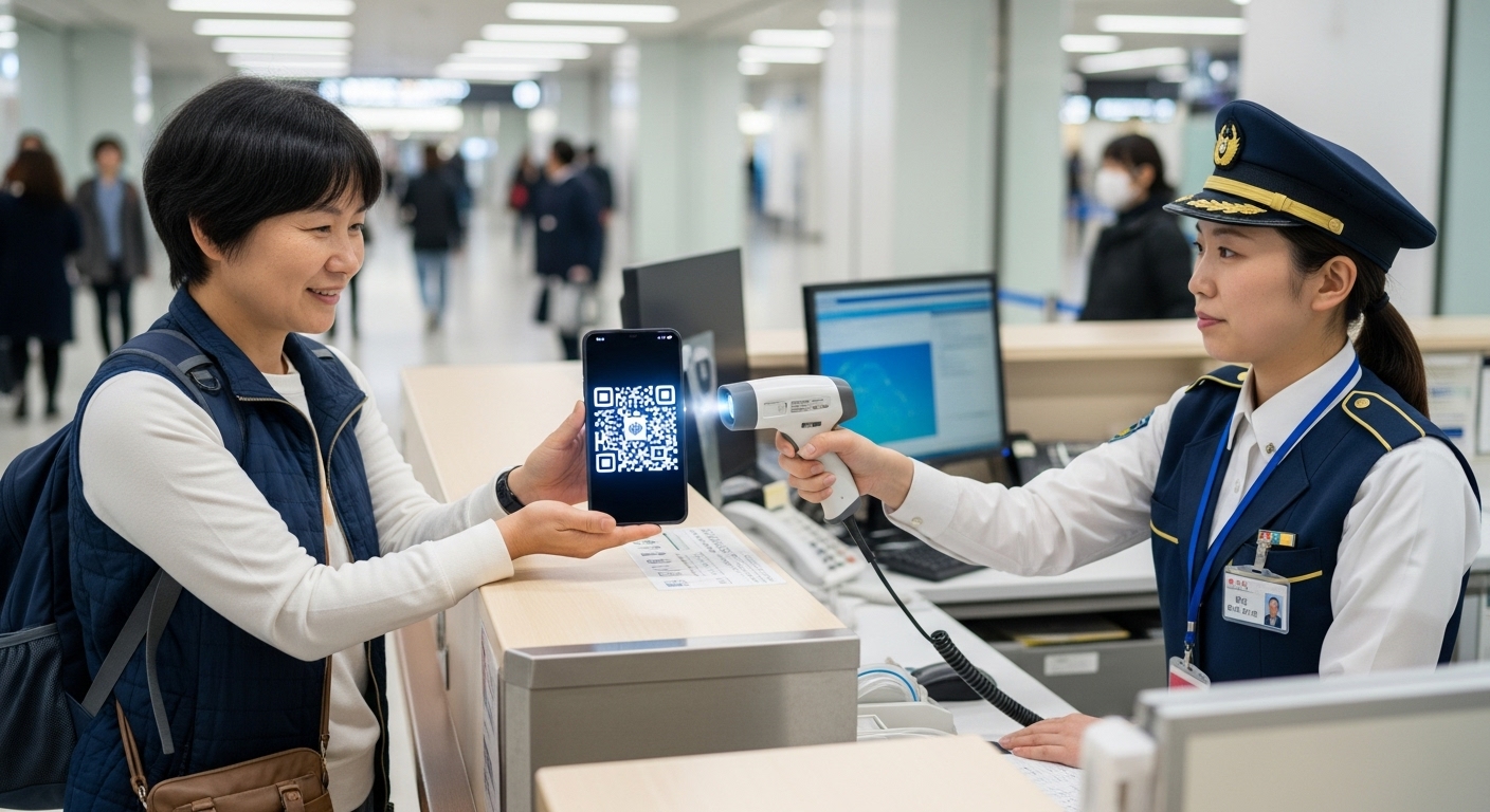 나리타공항 입국장에서 QR코드를 제시하여 신속하게 심사를 받는 관광객의 모습