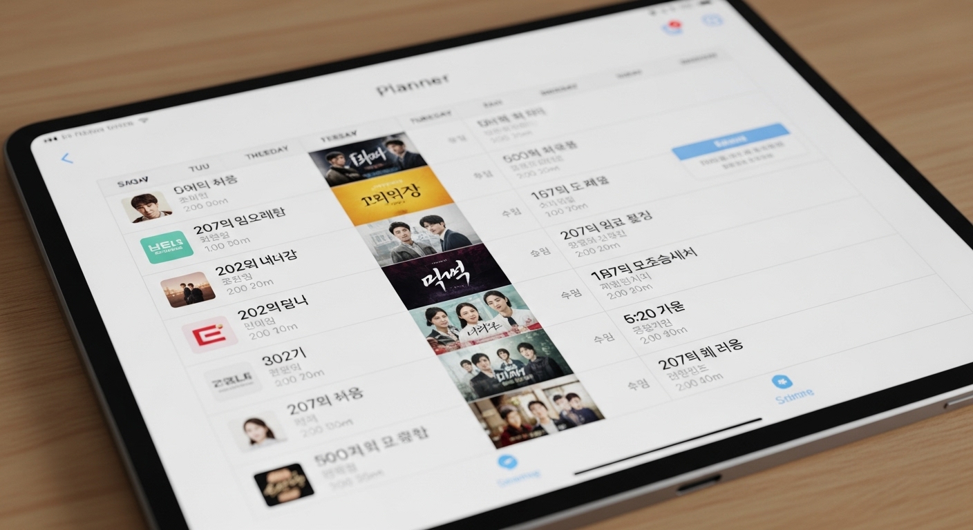 태블릿 화면에 한국에서 방영될 드라마 시리즈 일정이 표시된 디지털 플래너