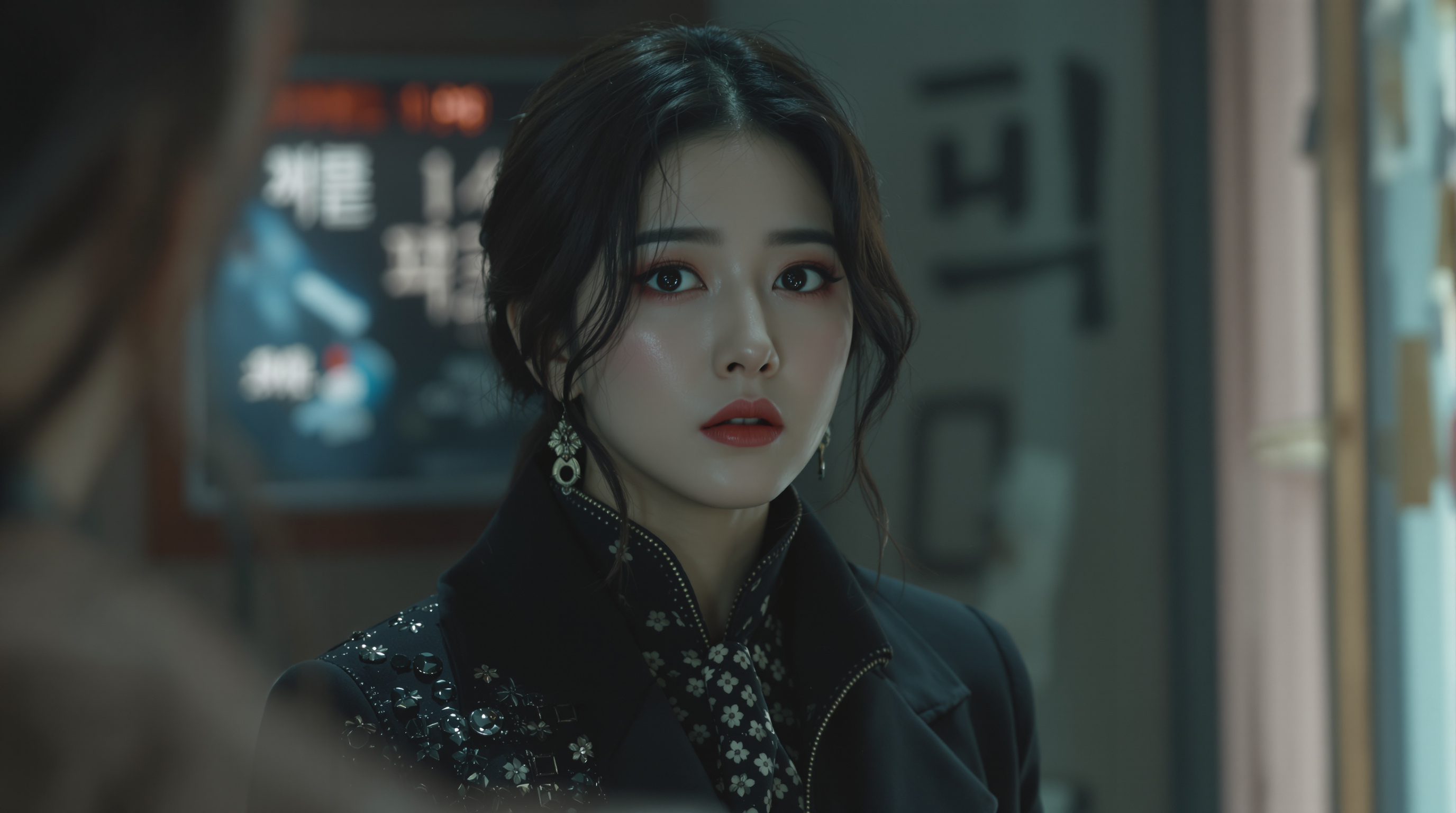 극 중 사회병자 역할을 맡은 여배우가 강렬한 메이크업과 의상을 입고 있는 모습