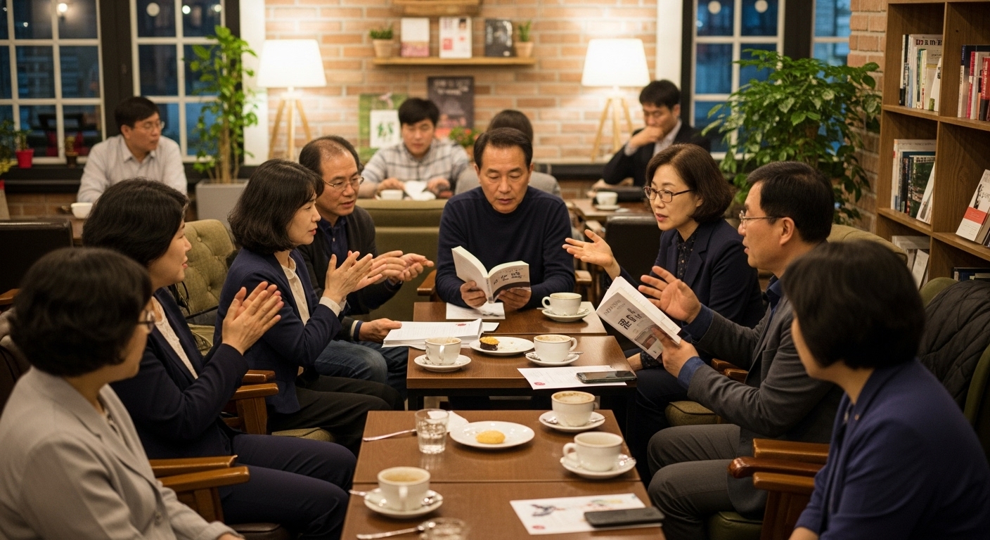 카페에서 다양한 성별의 독자들이 책에 대한 의견을 나누는 장면