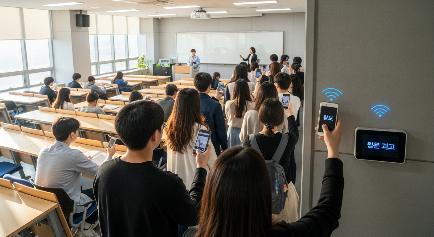 블루투스 기기로 자동 출석 체크가 되는 한국 대학 강의실 장면