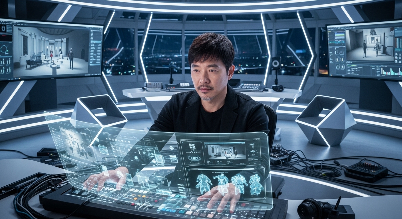 첨단 기술을 활용하여 영화 작업 중인 한국인 감독의 모습