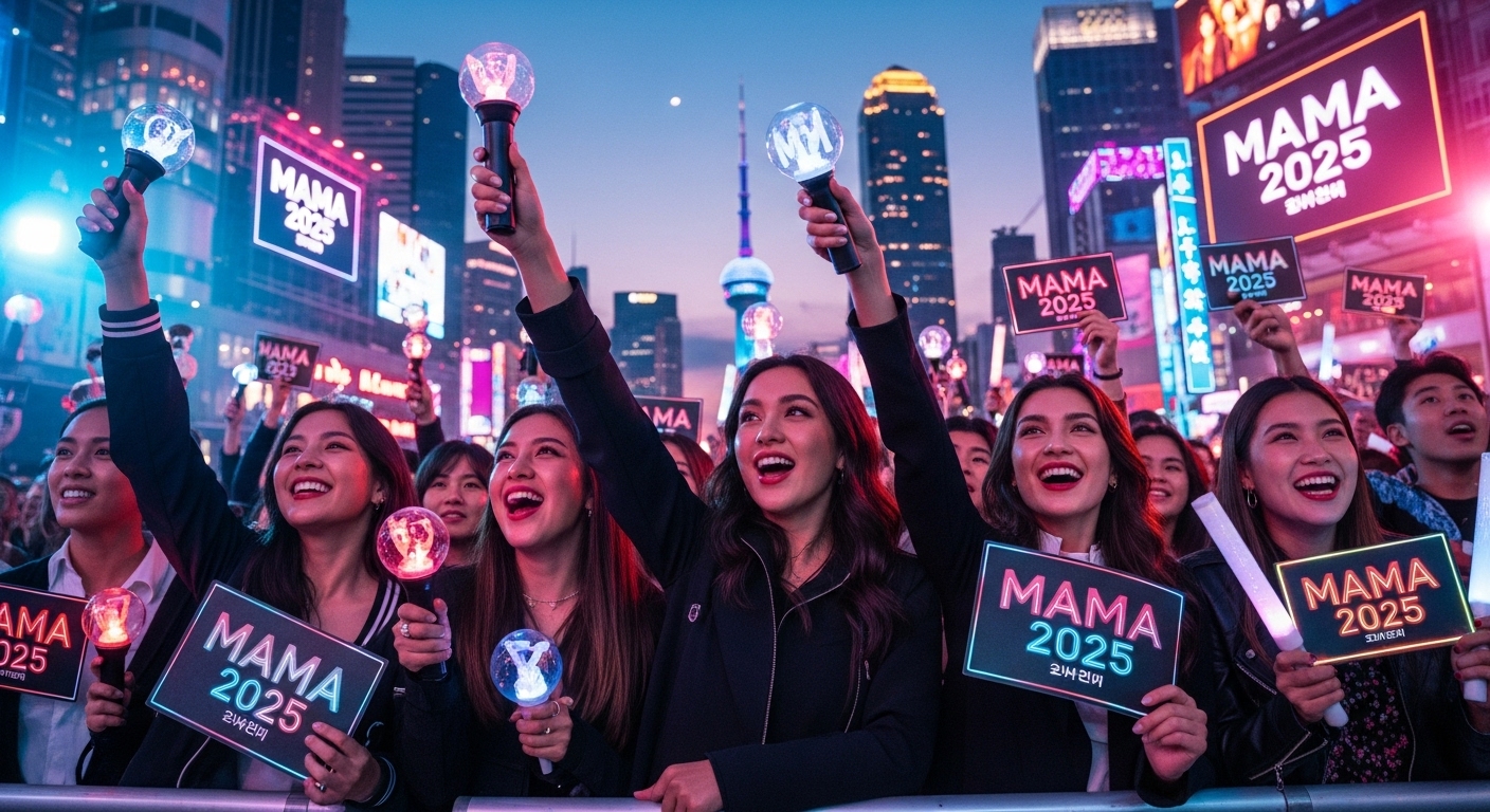 K-POP 팬들이 마마 2025를 기다리며 활기찬 도시 풍경과 함께 들뜬 분위기
