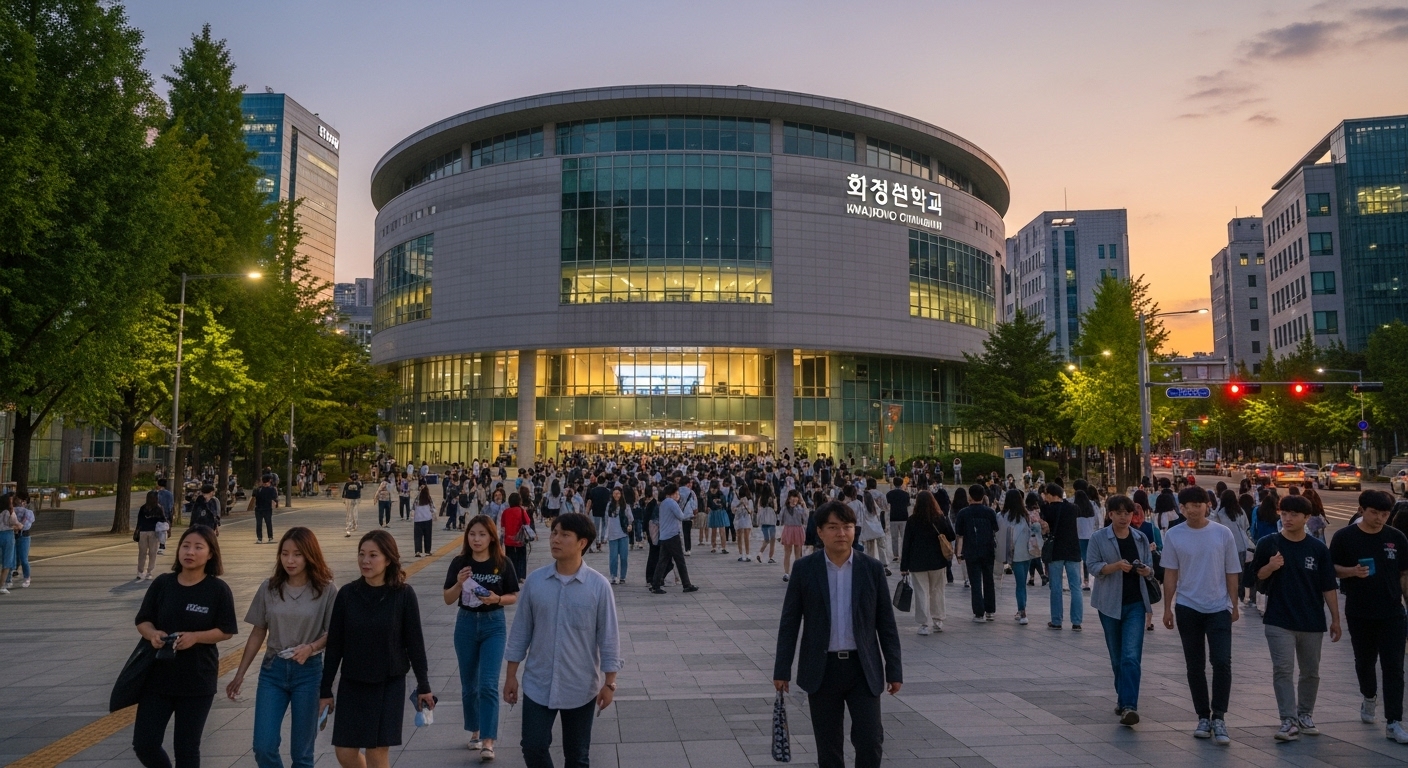 고려대학교 화정체육관 외부와 콘서트를 찾는 관객들의 활기찬 모습
