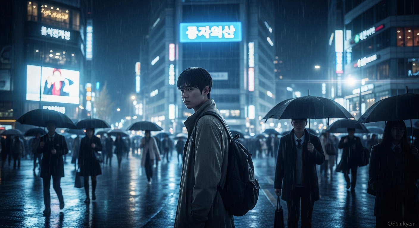 비 내리는 밤 도심 거리에서 혼자 서 있는 젊은 학생의 쓸쓸한 모습