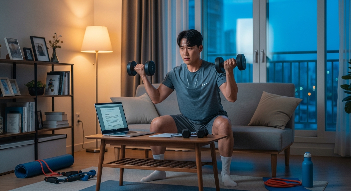직장 생활과 피트니스를 병행하는 바쁜 현대인의 모습