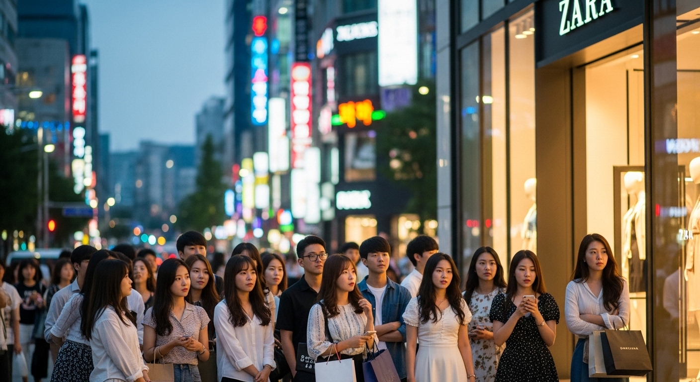 여름 저녁에 자라 매장 앞에서 기다리는 젊은이들