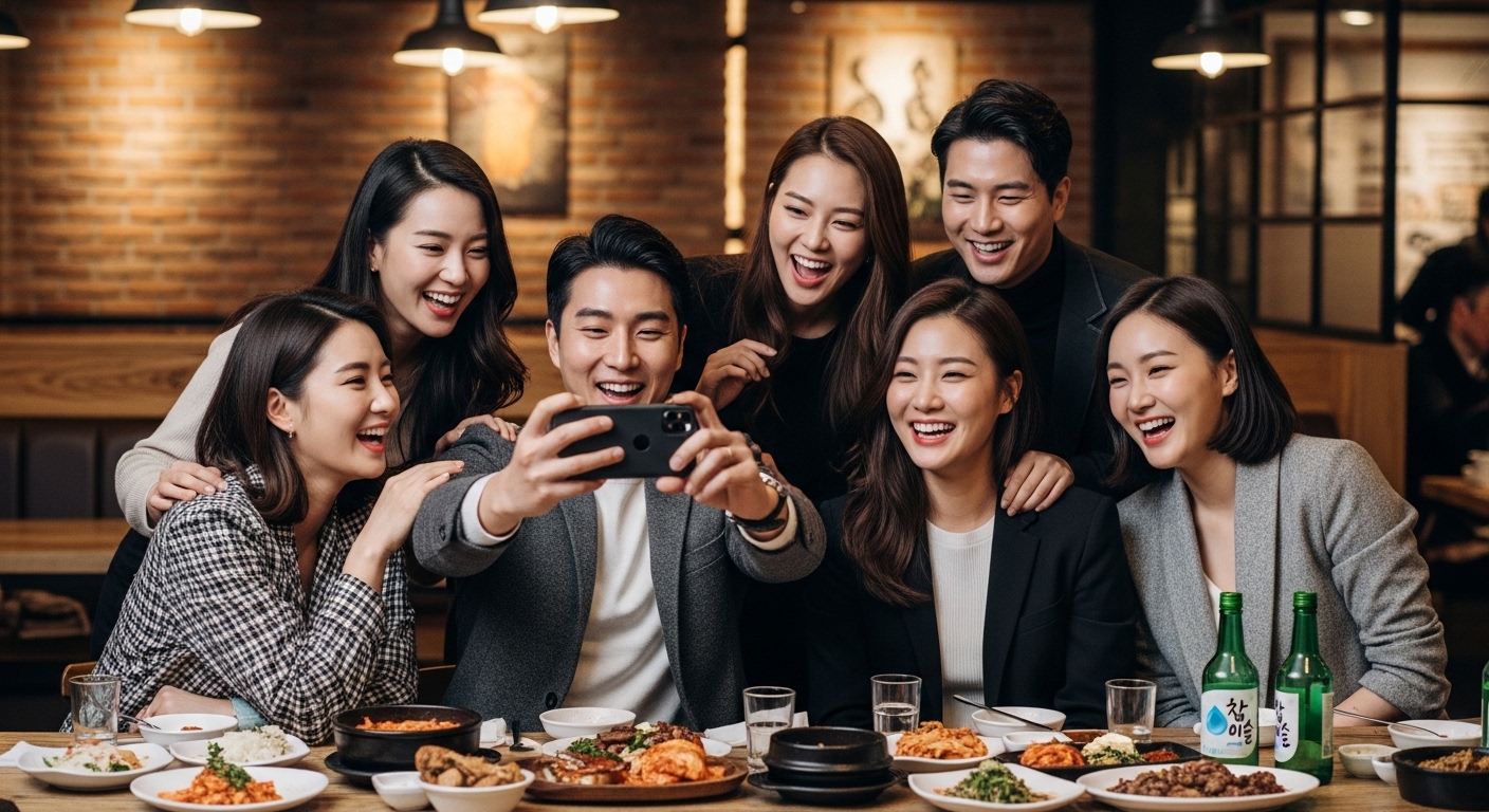 활기찬 식당에서 함께 사진을 찍으며 웃고 있는 한국 친구들 그룹
