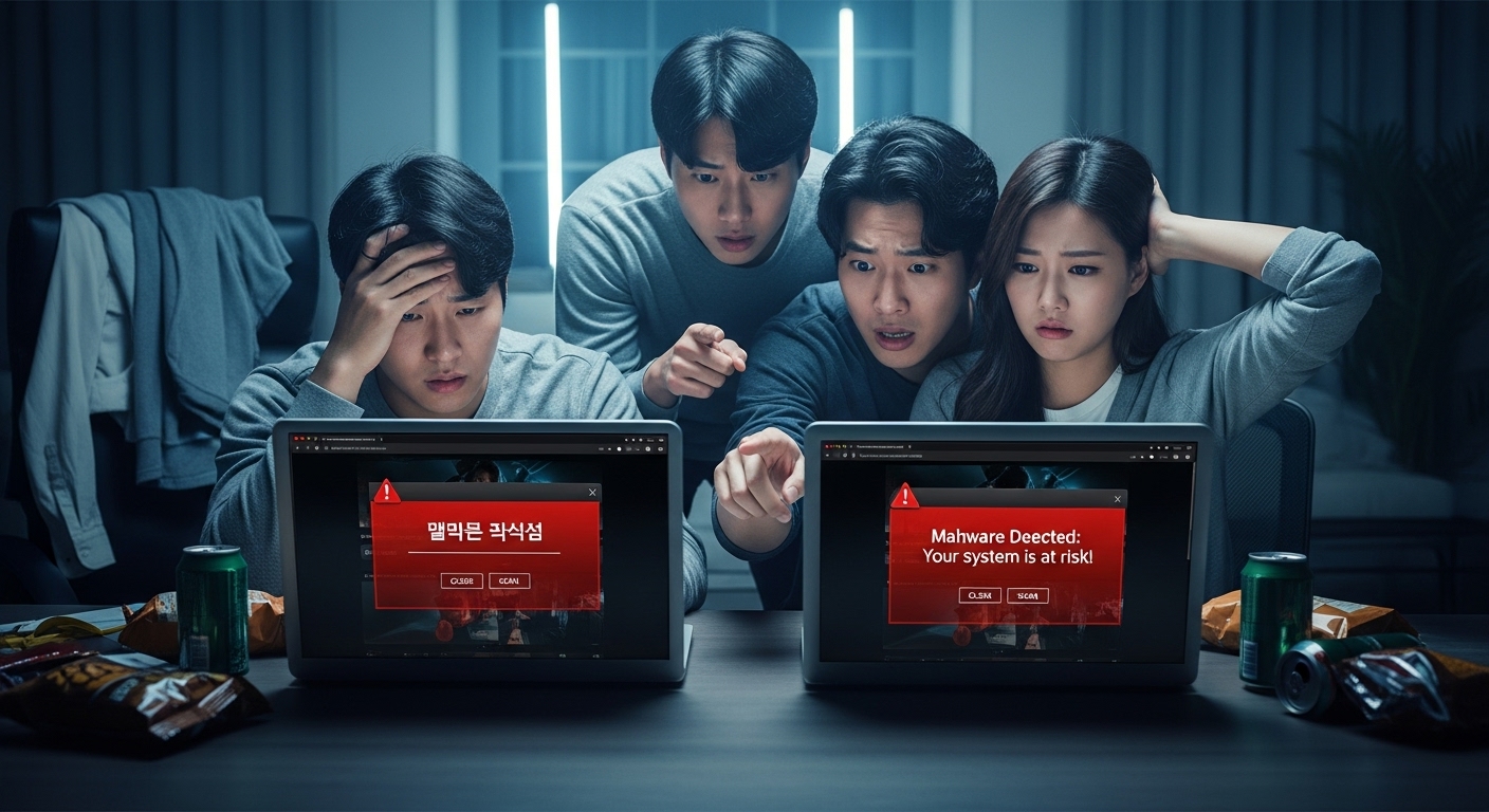 불법 사이트 사용 중 악성코드 경고에 직면한 한국 사용자들의 좌절된 모습