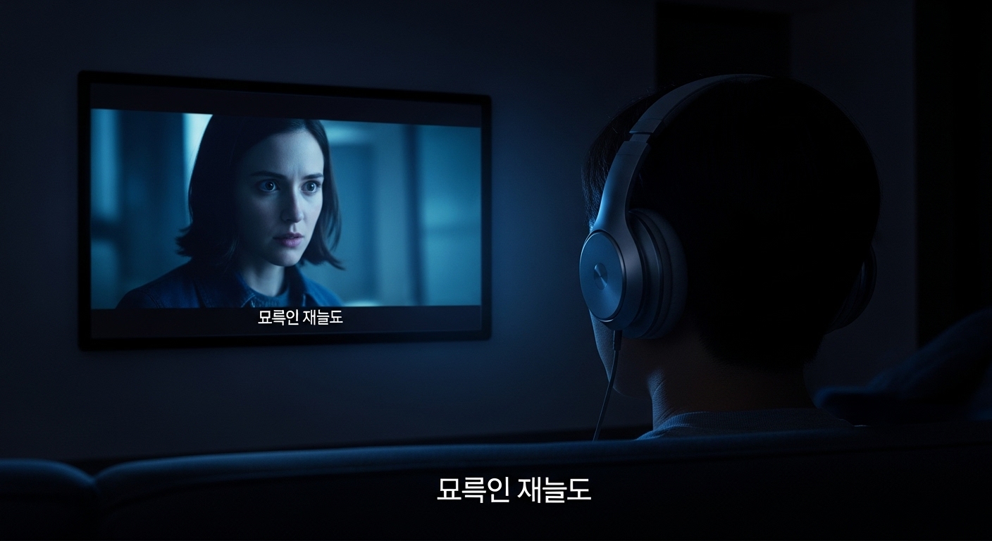 어두운 방에서 헤드폰과 자막을 활용하여 심리 스릴러를 집중 감상하는 한국 시청자