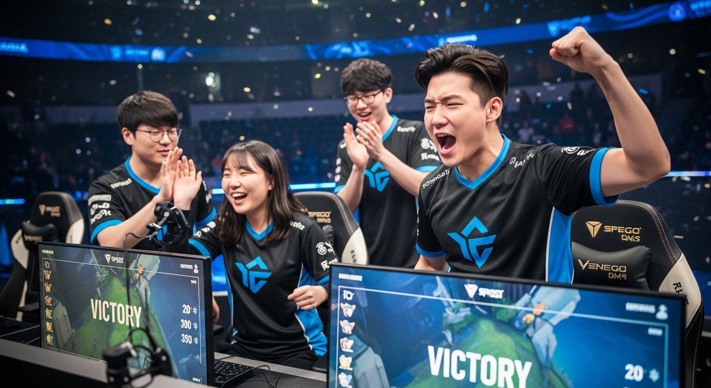 컴퓨터 화면 앞에서 승리를 축하하며 팀 유니폼을 입은 선수들의 집중된 모습