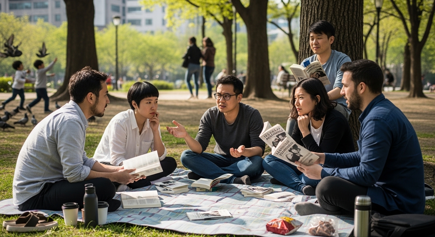 도시 공원에서 열린 북클럽 모임에서 친구들이 책에 대해 논의하는 모습