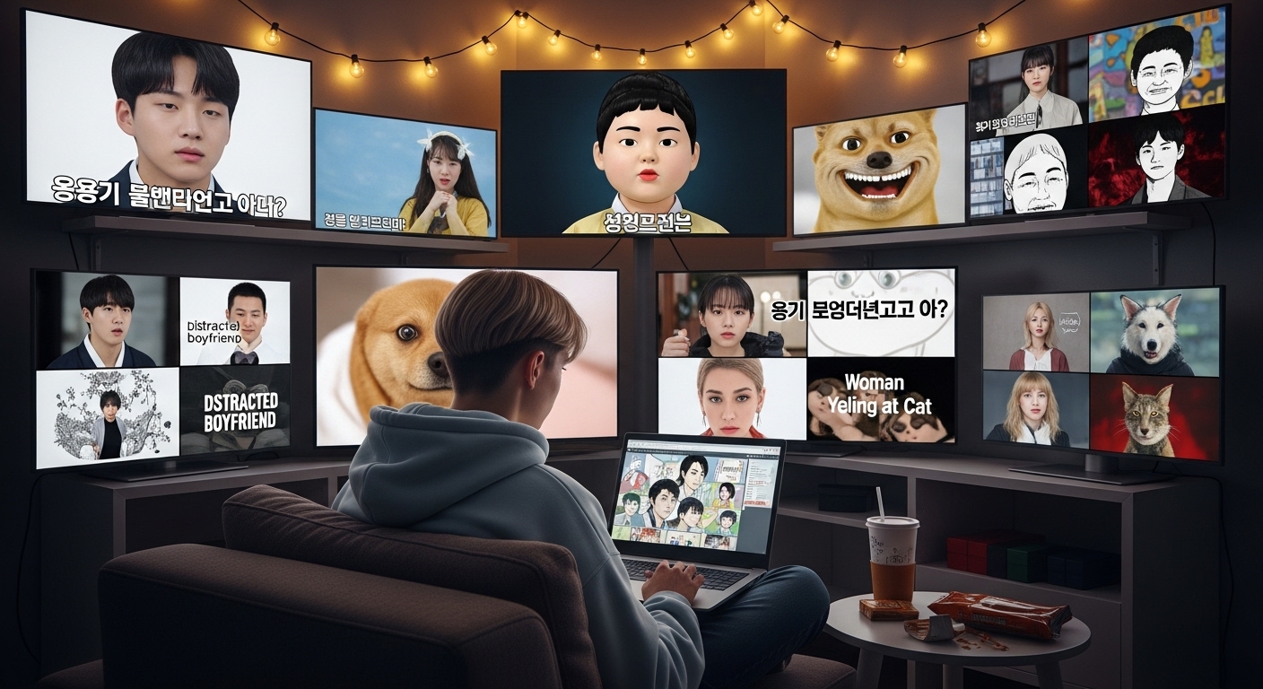 현대 한국 젊은이가 방에서 노트북을 사용하며 다양한 인터넷 밈과 문화적 참고자료가 나타나는 디지털 화면에 둘러싸인 모습