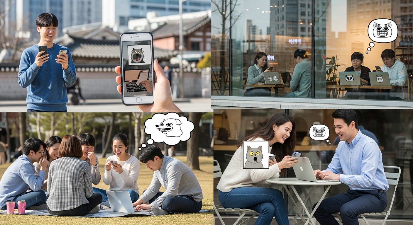 카페나 공원 같은 공공장소에서 스마트폰과 노트북으로 소통하는 다양한 그룹의 한국 사람들이 커뮤니티를 통해 밈이 확산되는 모습을 상징