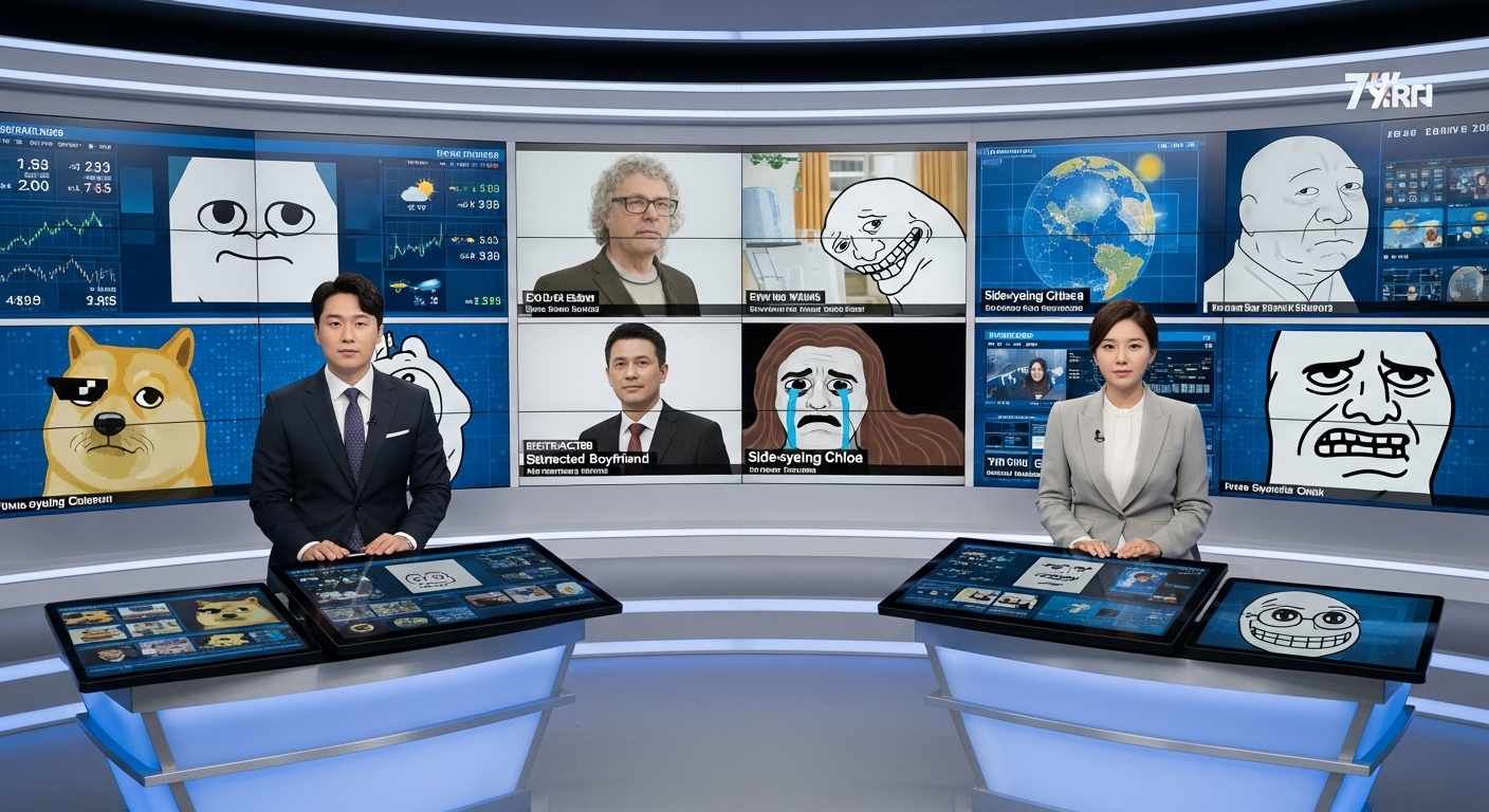 현대식 스튜디오에서 디지털 인터페이스로 인터넷 밈과 전통 뉴스 주제를 함께 보도하는 한국 뉴스 앵커들