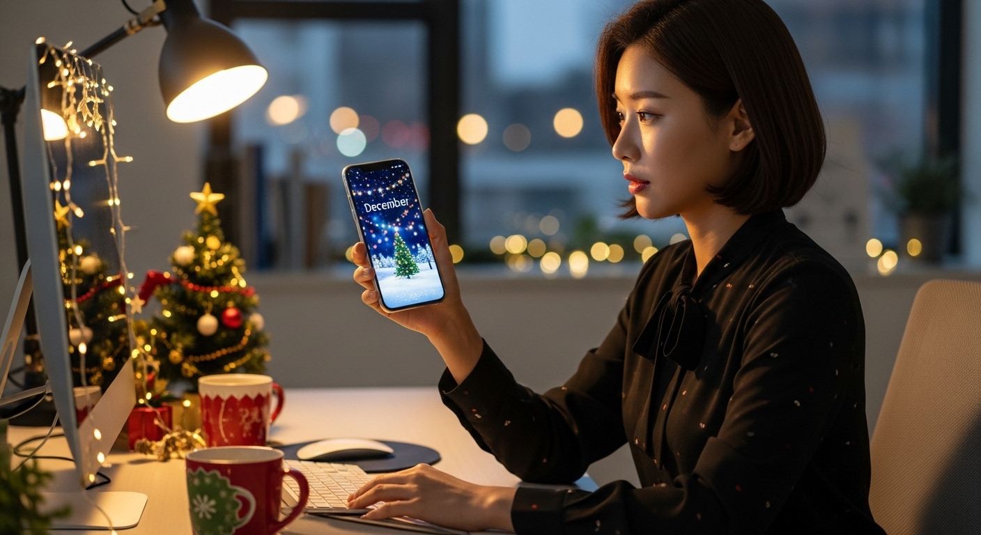 크리스마스 장식으로 꾸며진 사무실에서 스마트폰으로 새 배경화면을 보는 직장인