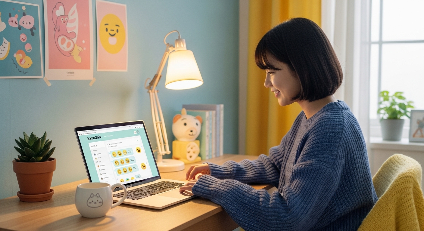 노트북으로 가나디 이모티콘 기능을 살펴보는 학생의 모습