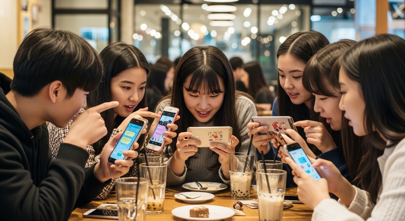 카페에서 스마트폰 화면을 공유하며 이야기를 나누는 한국 젊은이들