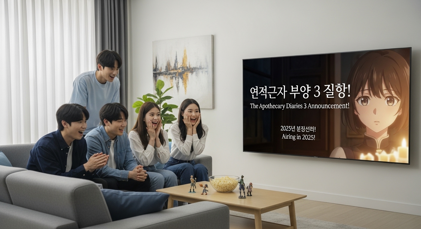 현대적인 거실에서 '약사의 혼잣말' 시즌 3의 발표를 보는 젊은 애니메이션 팬들