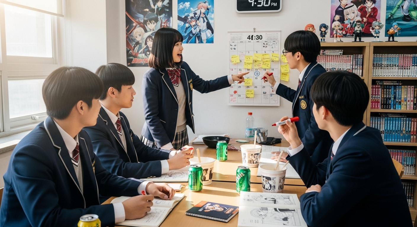 달력에 애니메이션 방영 일정을 표시하며 활발히 토론하는 학생들
