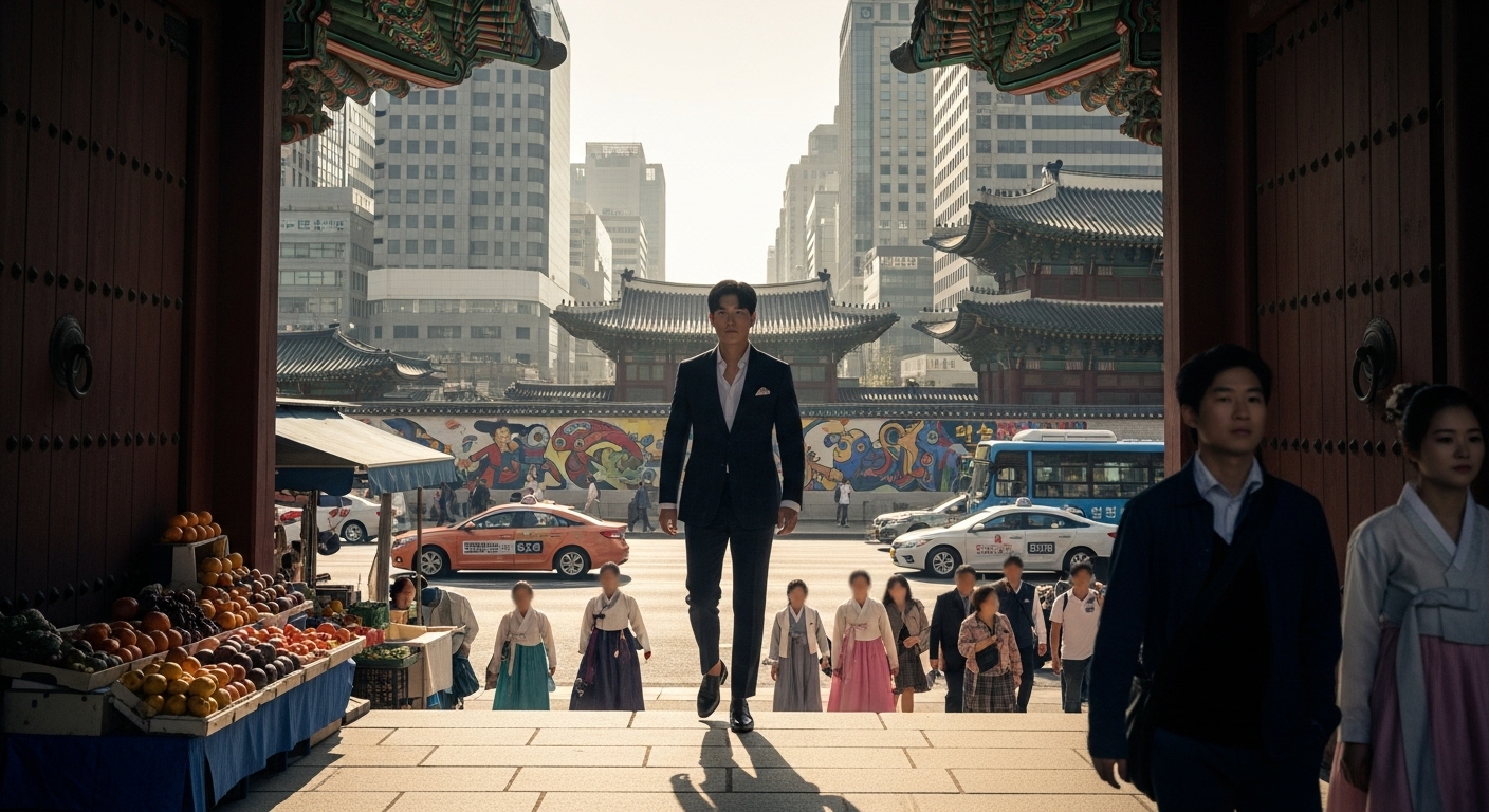 화려한 궁궐을 벗어나 서울의 번화가로 향하는 한국인 캐릭터의 극적인 장면
