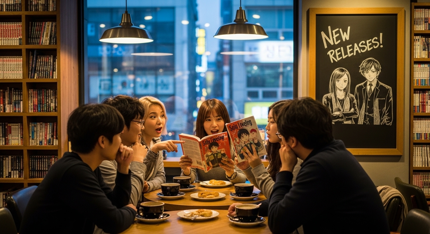 만화 카페에서 신간 발표에 대해 열띤 토론을 벌이는 독자들