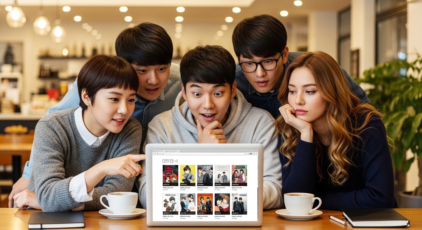 컴퓨터 앞에서 신간 발매 일정을 확인하는 젊은이들