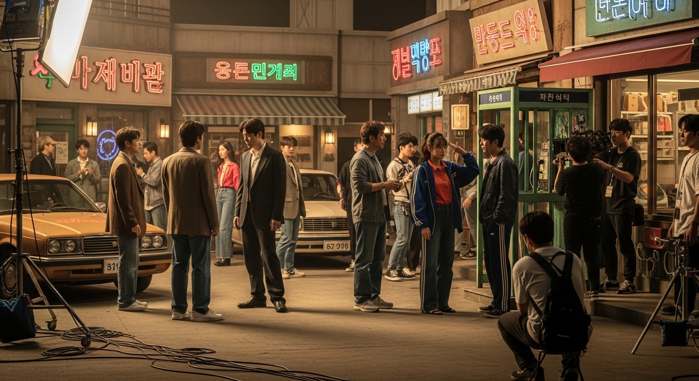 90년대 배경의 드라마 세트장에서 촬영 중인 배우들의 모습
