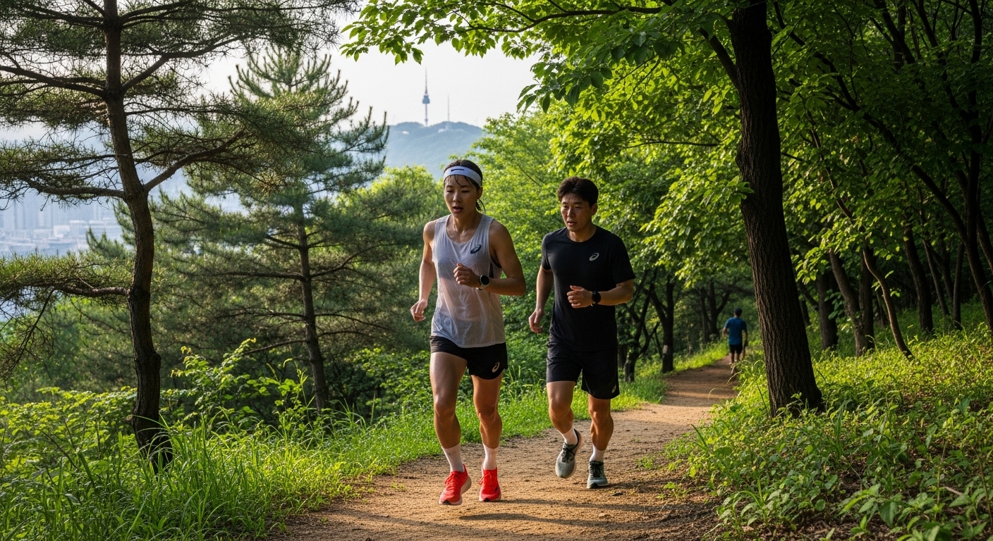 개인 코치와 함께 남산 둘레길 오르막을 훈련하는 운동 선수 모습
