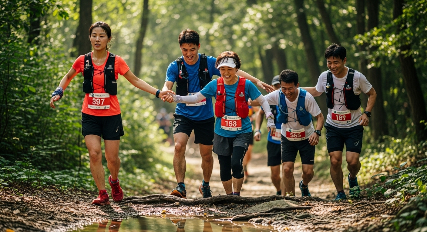 다양한 동기와 협력을 보여주는 도전적인 경주 트랙 위의 한국 러너들 그룹