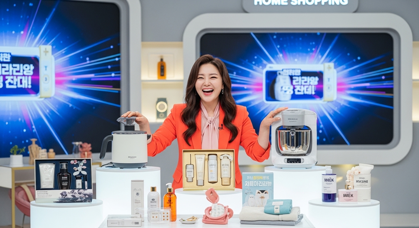 다양한 홈쇼핑 제품과 함께 활기찬 표정의 여성 TV 쇼호스트