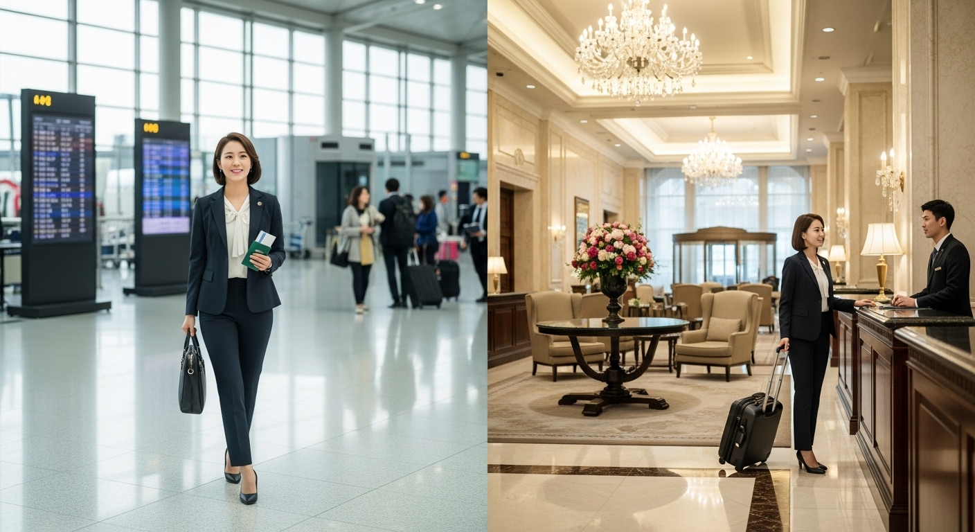 공항과 호텔 로비에서 포즈를 취하는 세련된 여성