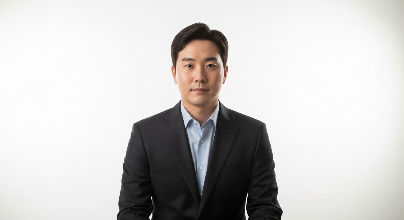 한국 남성이 스튜디오에서 여권 크기의 사진을 찍는 모습