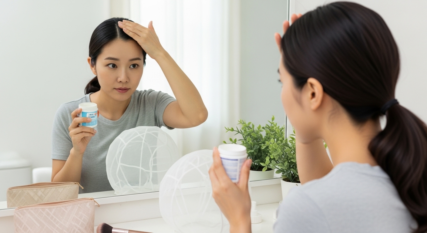 거울 앞에서 여름철 쾌적함을 위해 베이비 파우더를 두피에 바르는 여성 모습