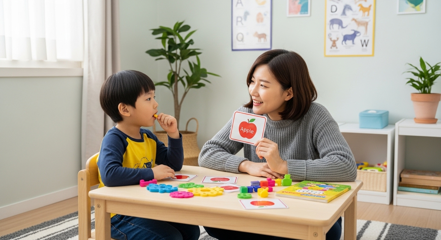 아늑한 치료실에서 언어치료와 발음 연습을 하는 어린이