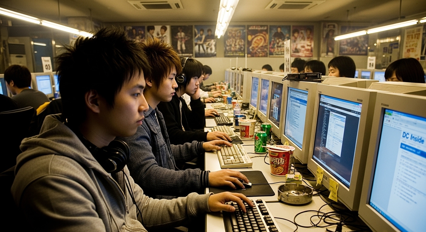 2000년대 초반 한국 인터넷 카페에서 사람들이 디시인사이드 같은 포럼을 탐색하는 장면
