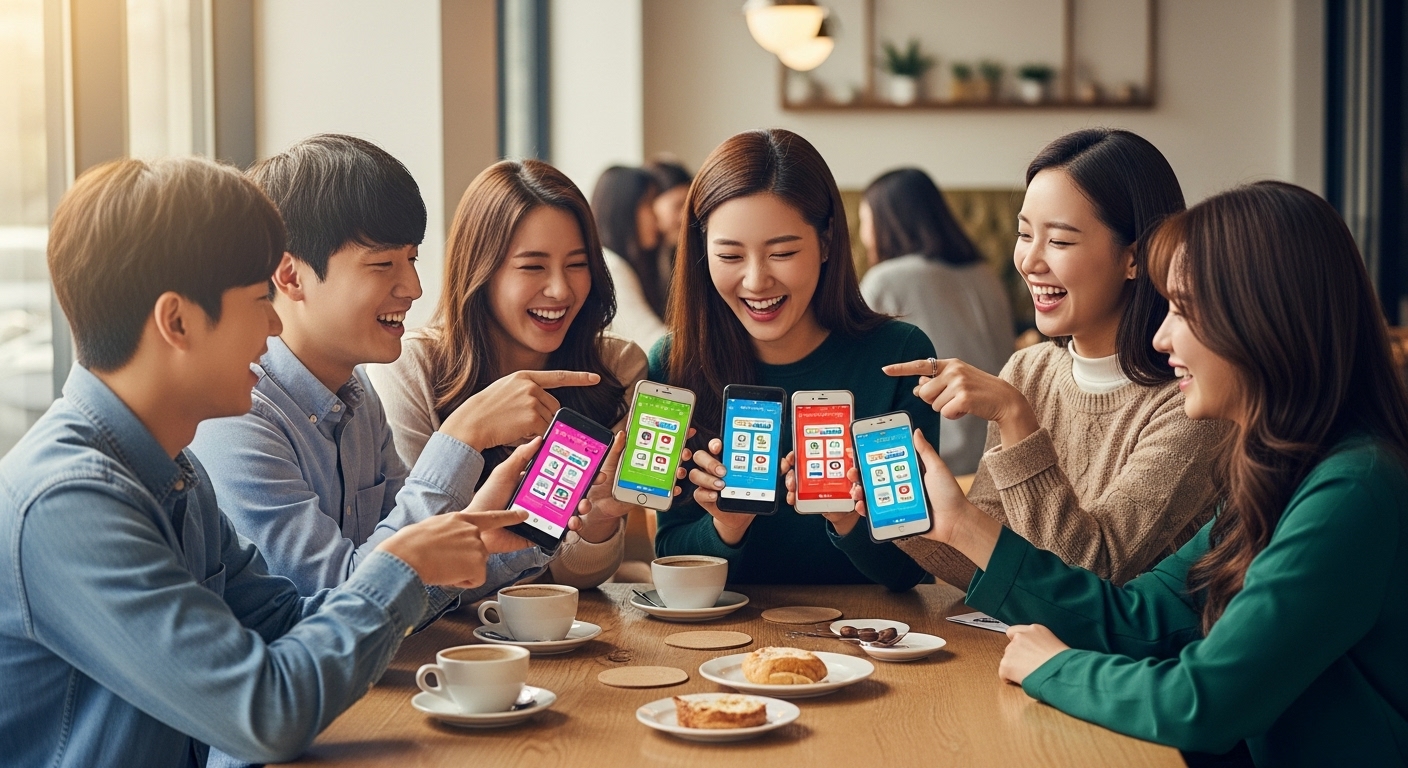젊은 성인들이 스마트폰으로 소셜미디어에서 유행하는 넌센스 퀴즈를 공유하며 웃는 모습
