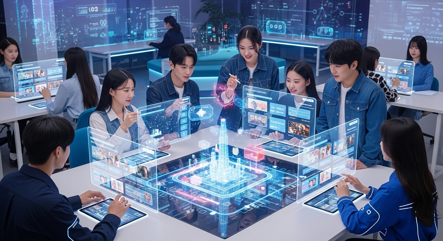 첨단 기술 환경에서 홀로그램 화면을 통해 AI 생성 퀴즈를 즐기는 한국 청소년들