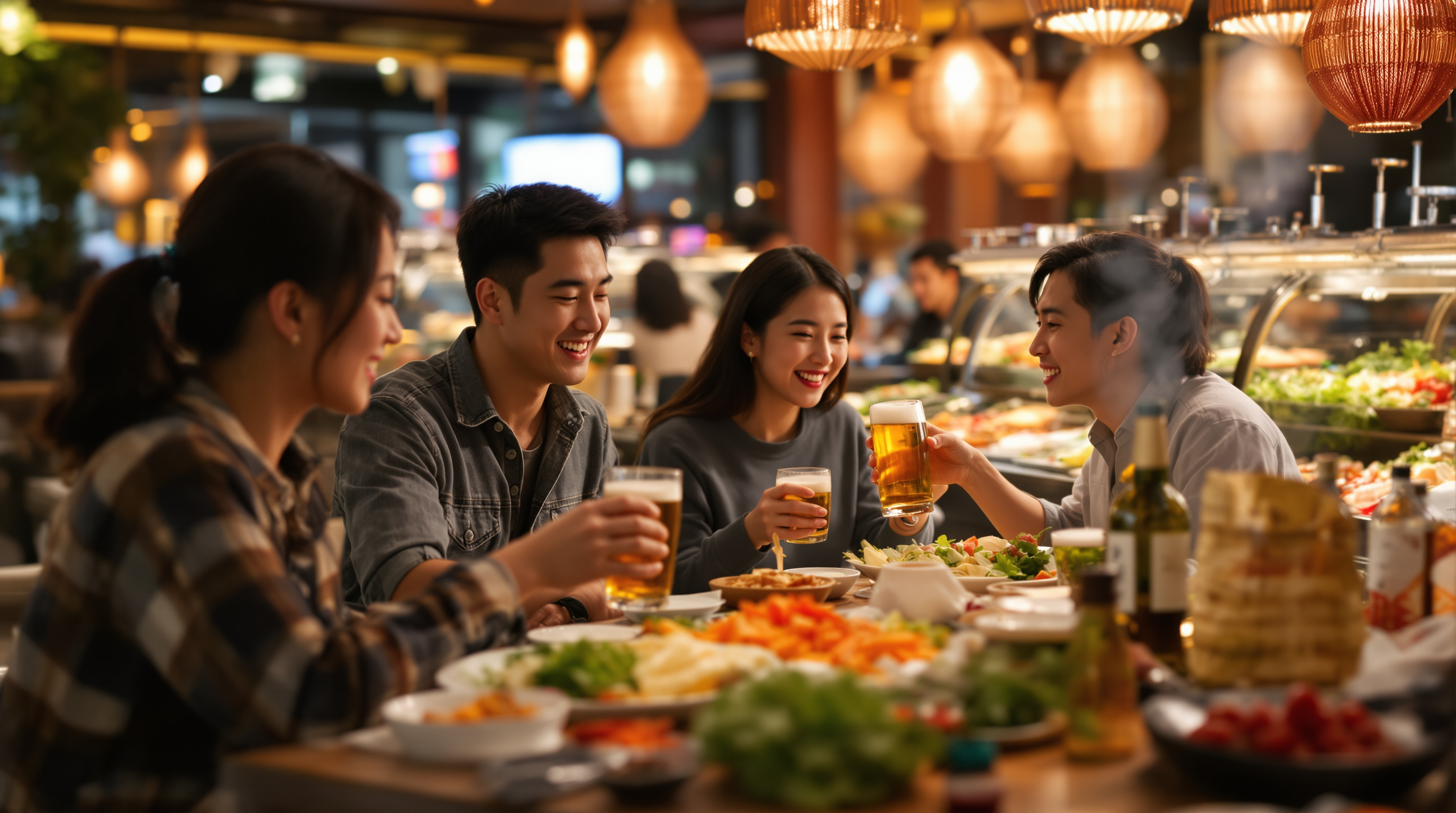 활기찬 분위기의 뷔페에서 무제한 생맥주와 와인을 즐기는 가족