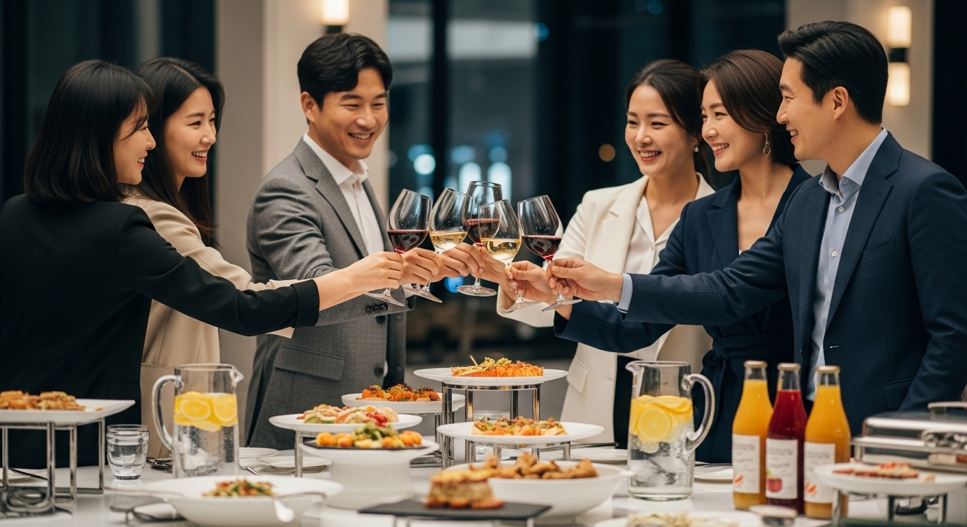 현대적 뷔페 환경에서 레드와 화이트 와인으로 건배하는 모습