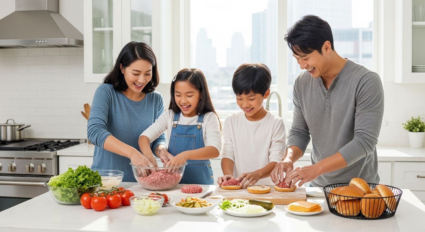 현대적인 주방에서 가족이 함께 햄버거를 만들며 즐거운 분위기를 자아내는 장면