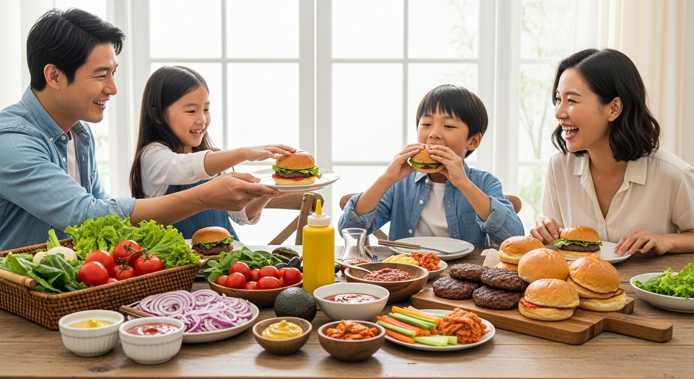 신선한 지역 농산물과 유기농 재료로 가득 찬 식탁에서 홈메이드 햄버거를 즐기는 가족 모습