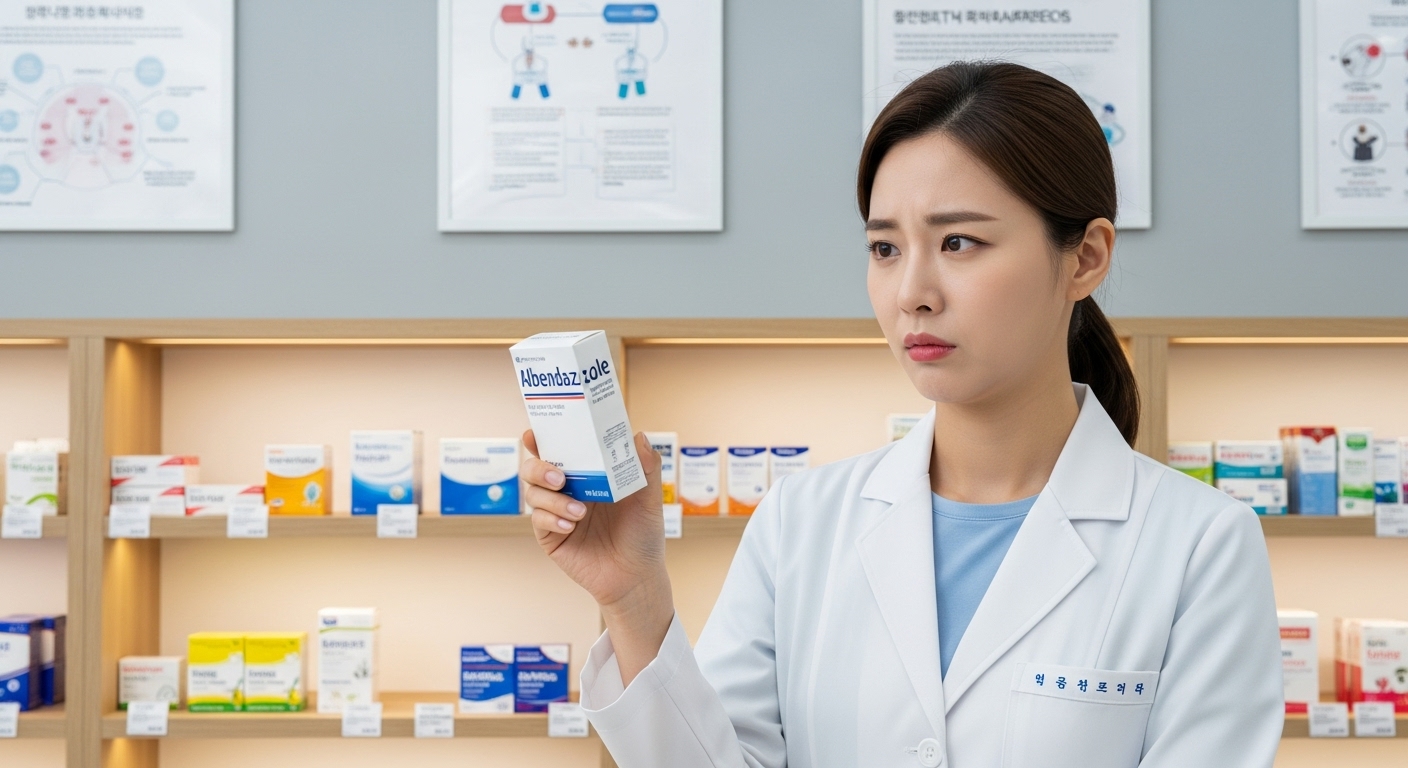 약국에서 알벤다졸 상자를 들고 걱정스러운 표정을 짓는 약사의 모습
