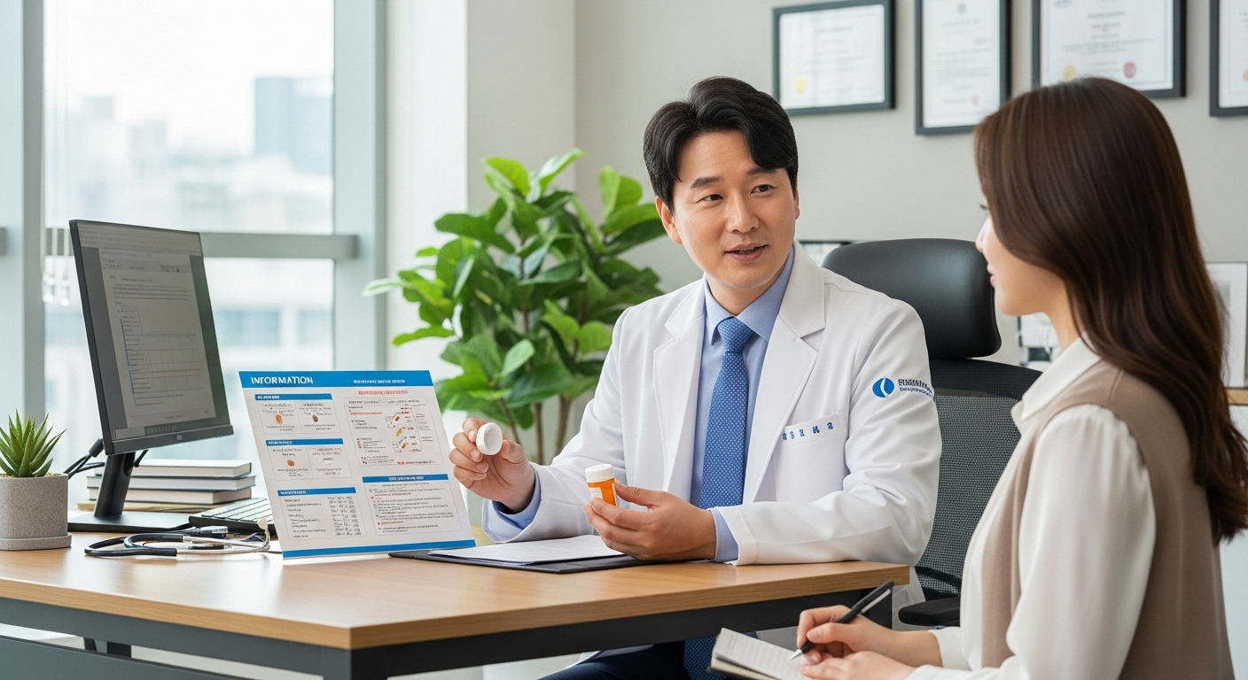 병원에서 의사가 환자에게 약물 복용 상담을 하는 장면