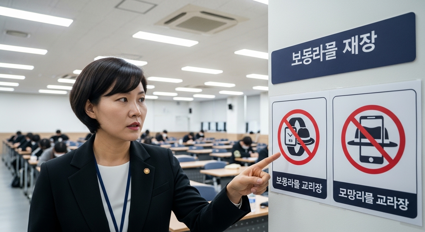 시험장에서 감독관이 스마트워치와 모자 등의 금지 물품 표지판을 가리키는 모습