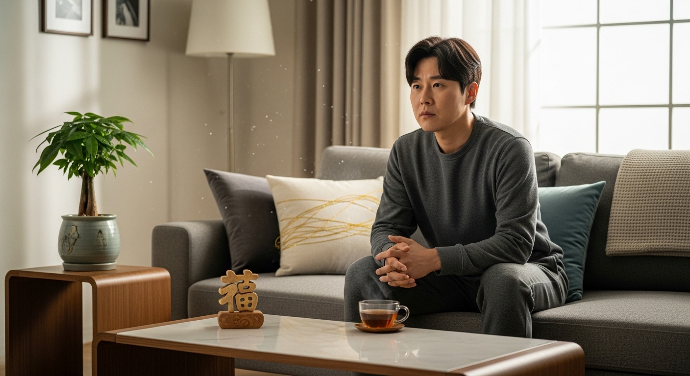 현대적인 거실에서 꿈에 대해 생각하는 사람의 모습