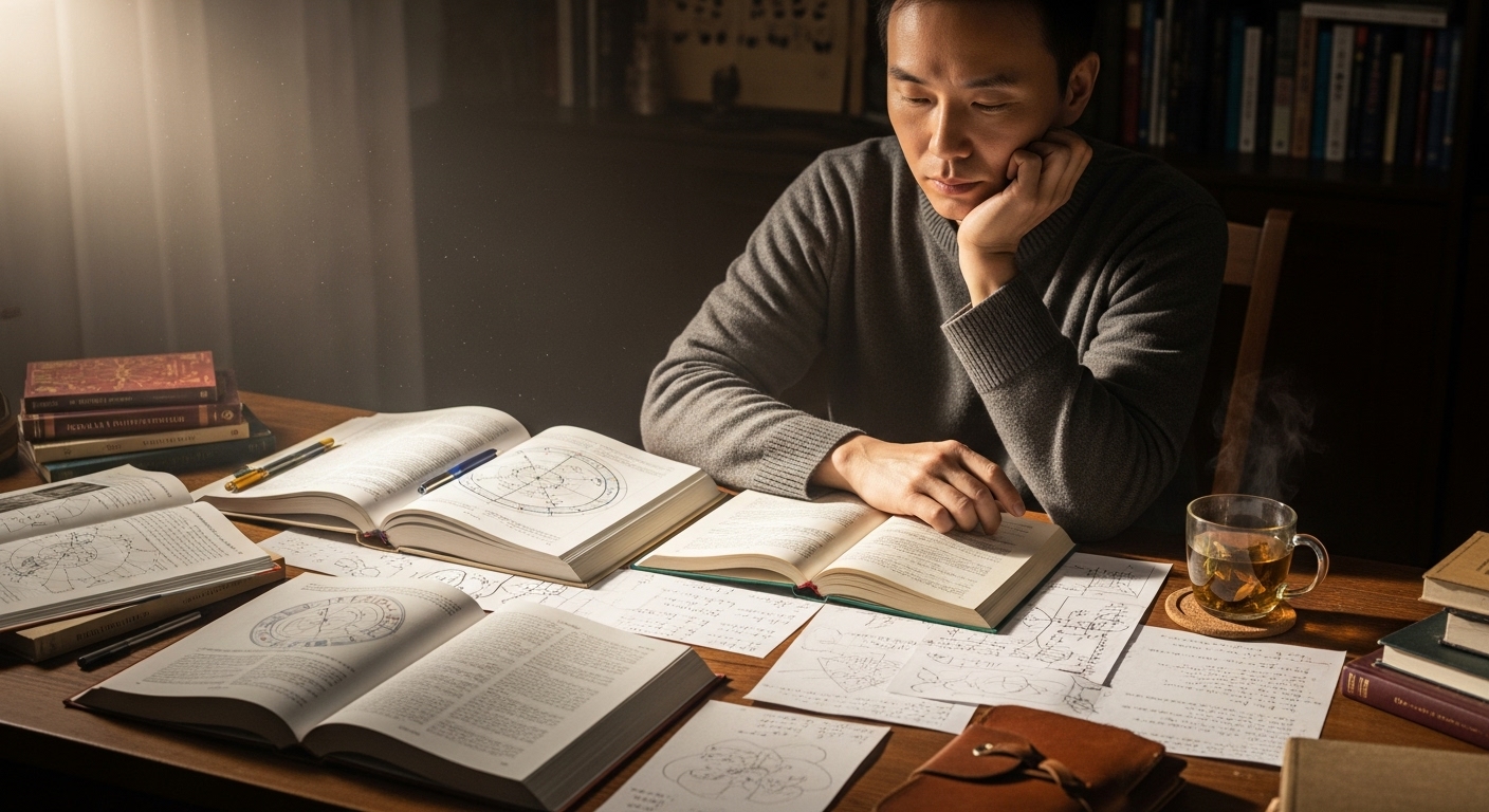 꿈해몽 책과 노트로 둘러싸인 사려 깊은 사람의 모습