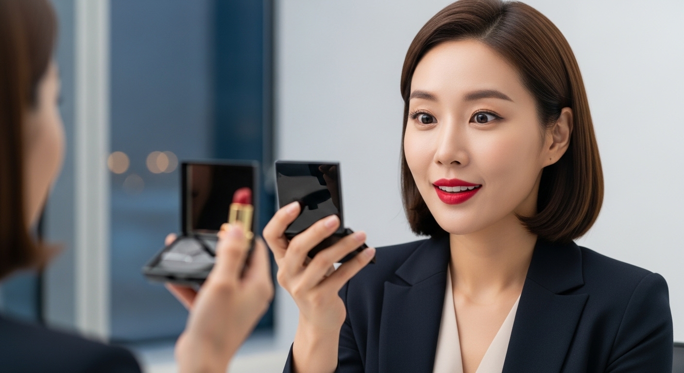 립스틱을 바르고 콤팩트 거울을 보며 만족하는 한국인 비즈니스 여성