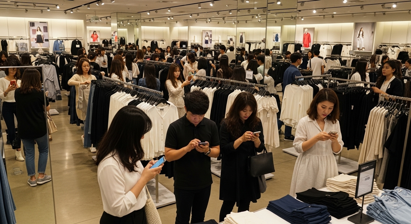 매장에서 옷을 입어보고 스마트폰으로 온라인 거래를 확인하는 쇼핑객들
